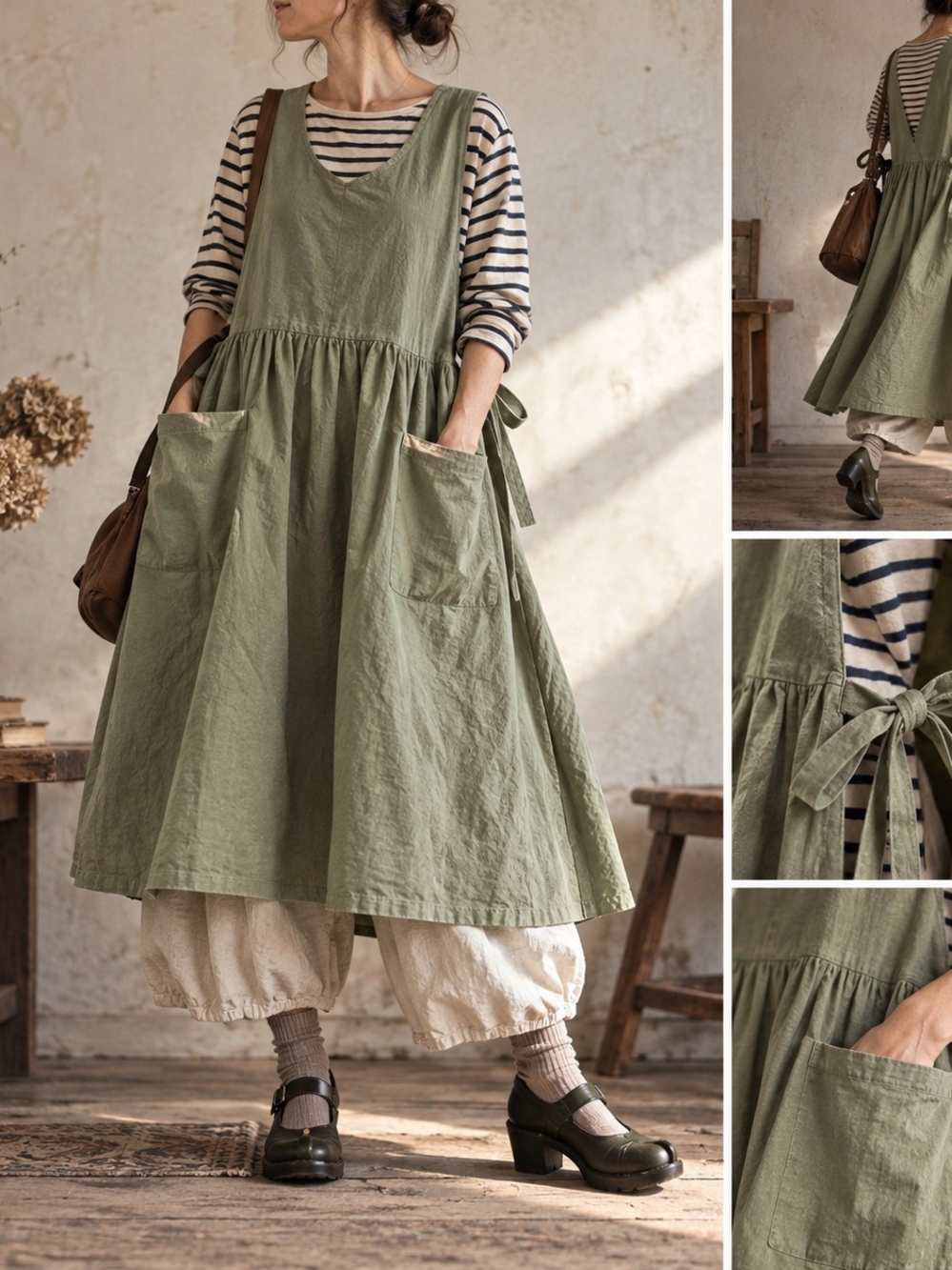 O/S Sage Green Lagenlook Pinafore Apron Dress / Robe tablier sauge taille unique